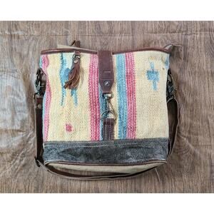 Myra Bag Crossbody Shoulder Cowhide Leather Canvas Purse Adjustable Western